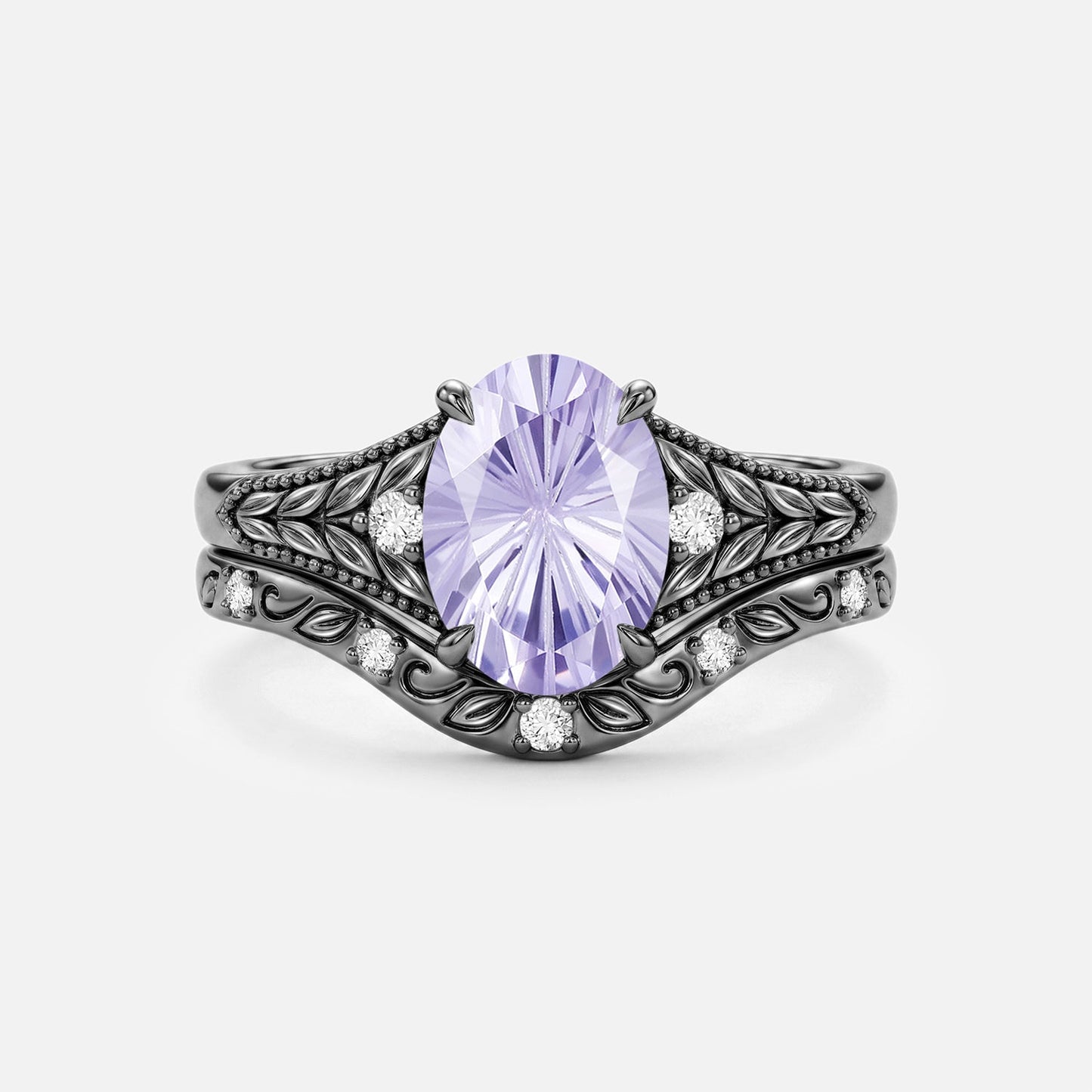 Oval Firework Lab Lavender Sapphire Leafy Engagement Ring Sets 2pcs - Phoebe