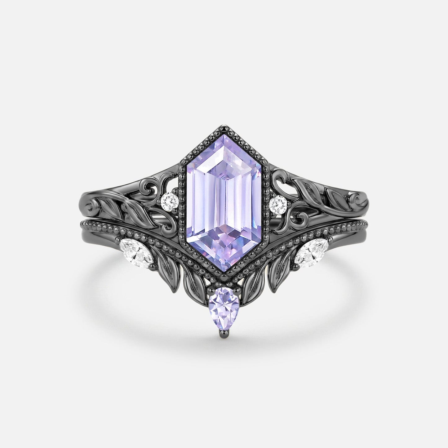 Elongated Hexagon Lab Lavender Sapphire Engagement Ring Set 2pcs-Margaux