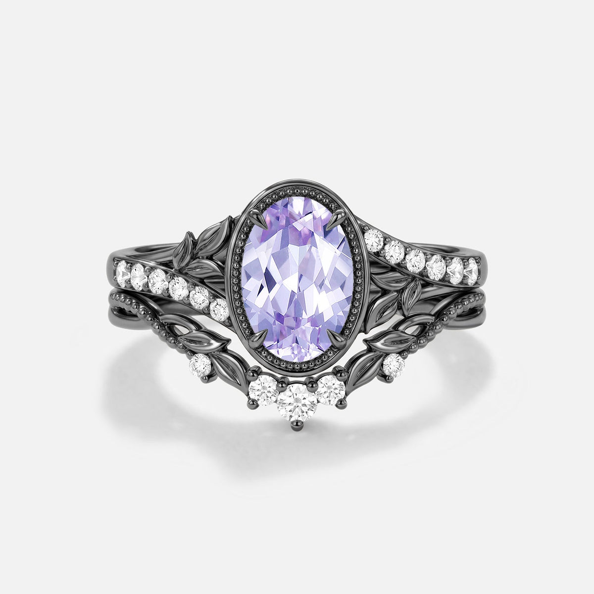Oval Lab Lavender Sapphire Bezel Leafy Engagement Ring Sets 2pcs - Hollis