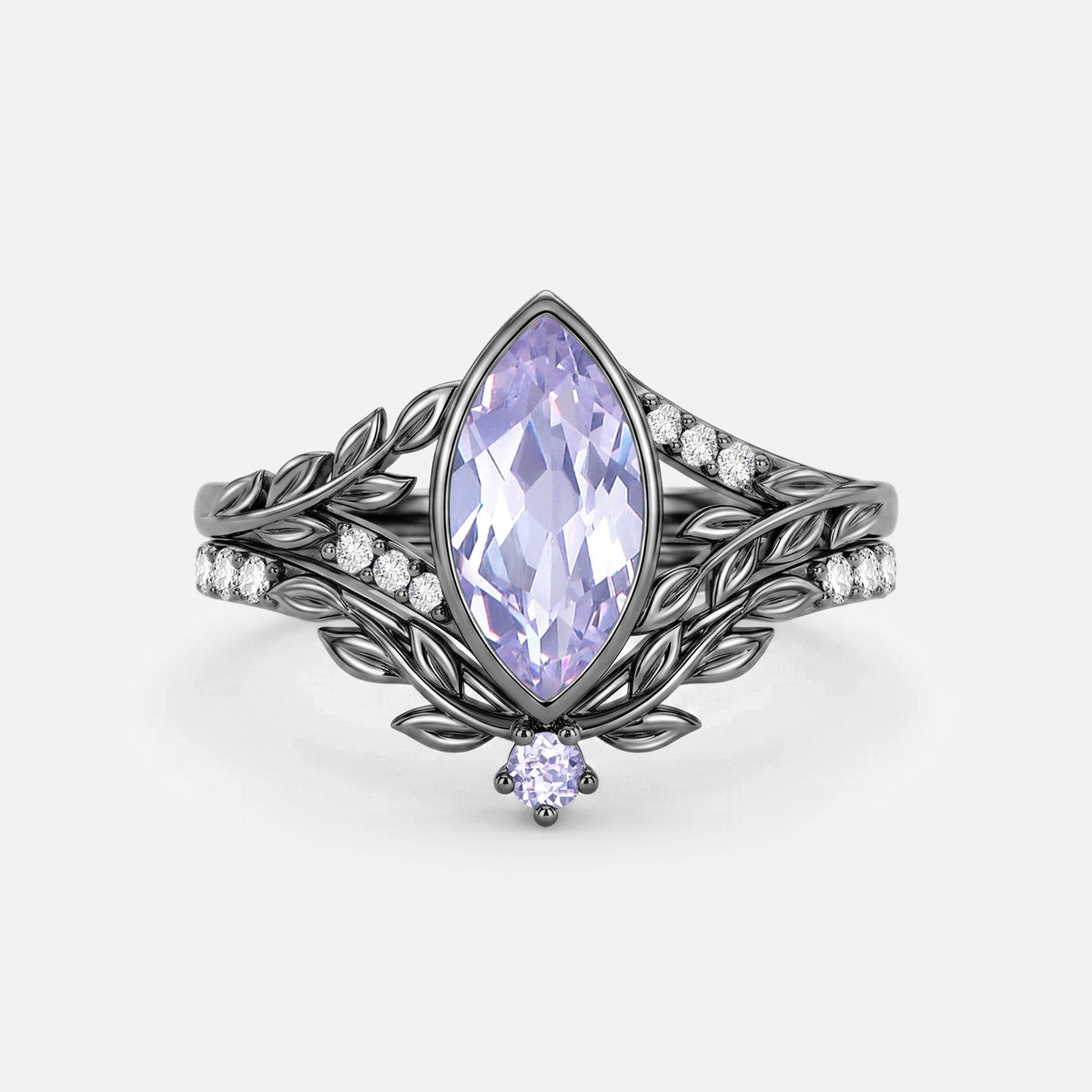 Marquise Cut Lab Lavender Sapphire Bezel Leafy Engagement Ring Sets 2pcs - Nala