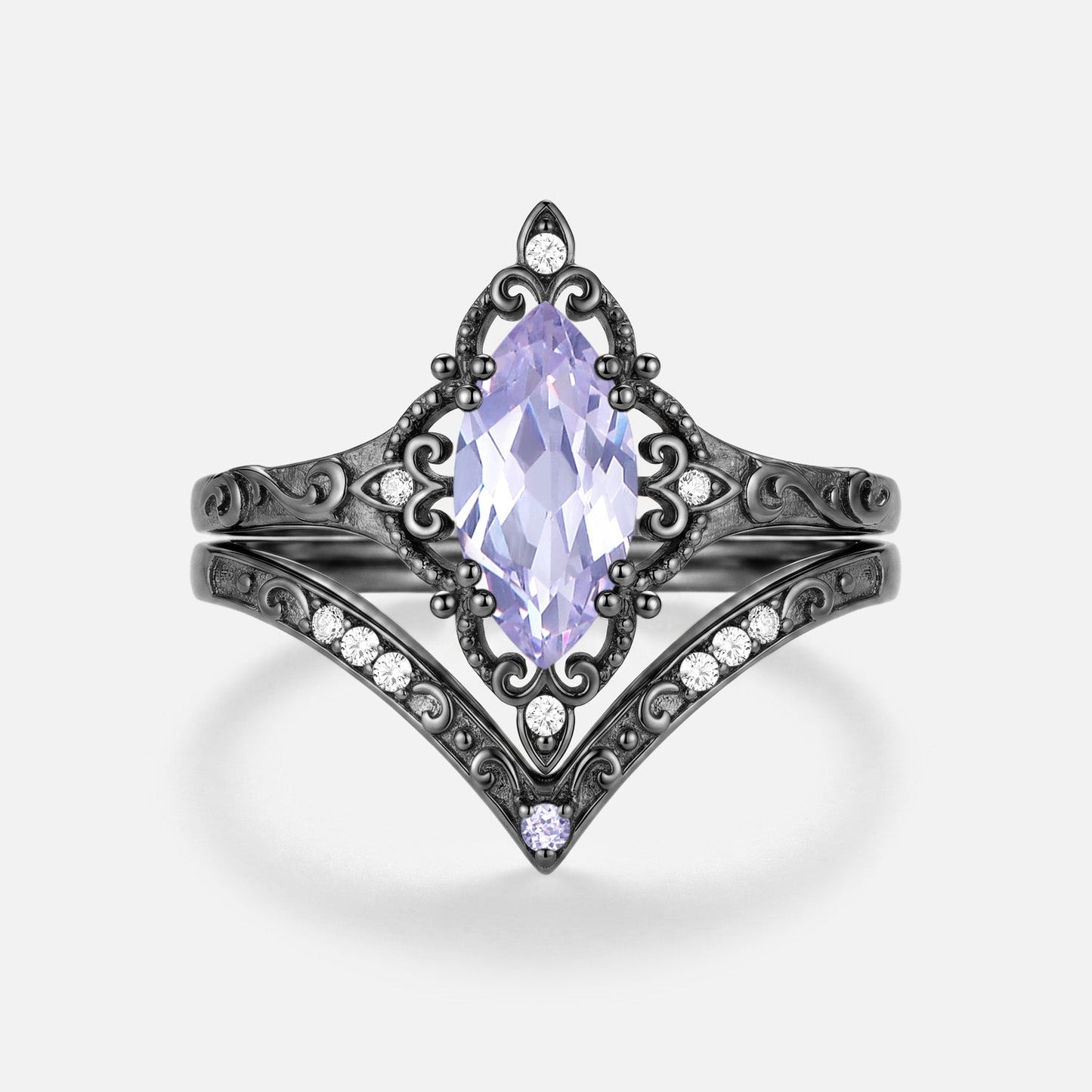 Marquise Engraved Lab Lavender Sapphire Engagement Ring Sets 2pcs - Gwendolyn