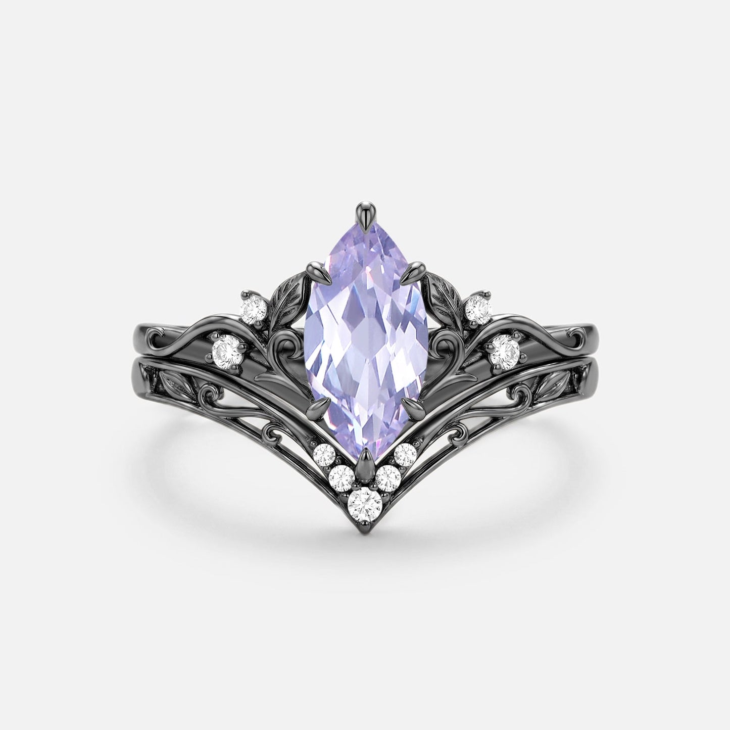 Marquise Leafy Lab Lavender Sapphire Engagement Ring Sets 2pcs - Wisteria