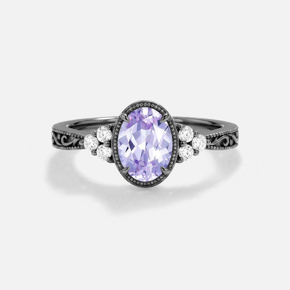Oval Engraved Lab Lavender Sapphire Bezel Engagement Ring - Ilara
