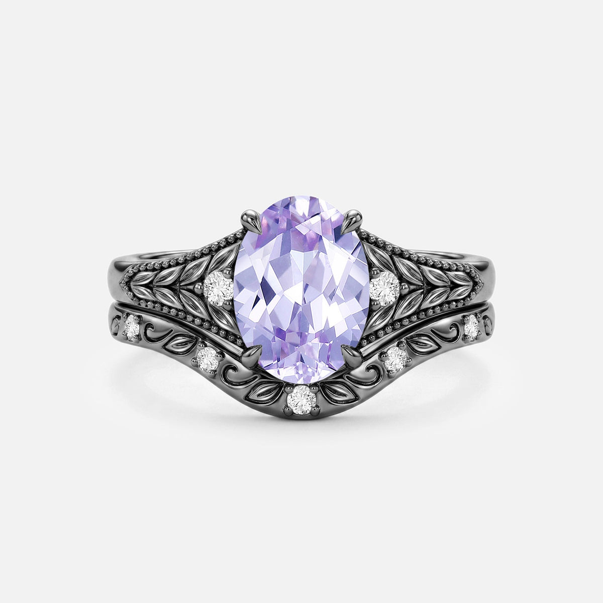 Oval Lab Lavender Sapphire Leafy Engagement Ring Sets 2pcs - Phoebe