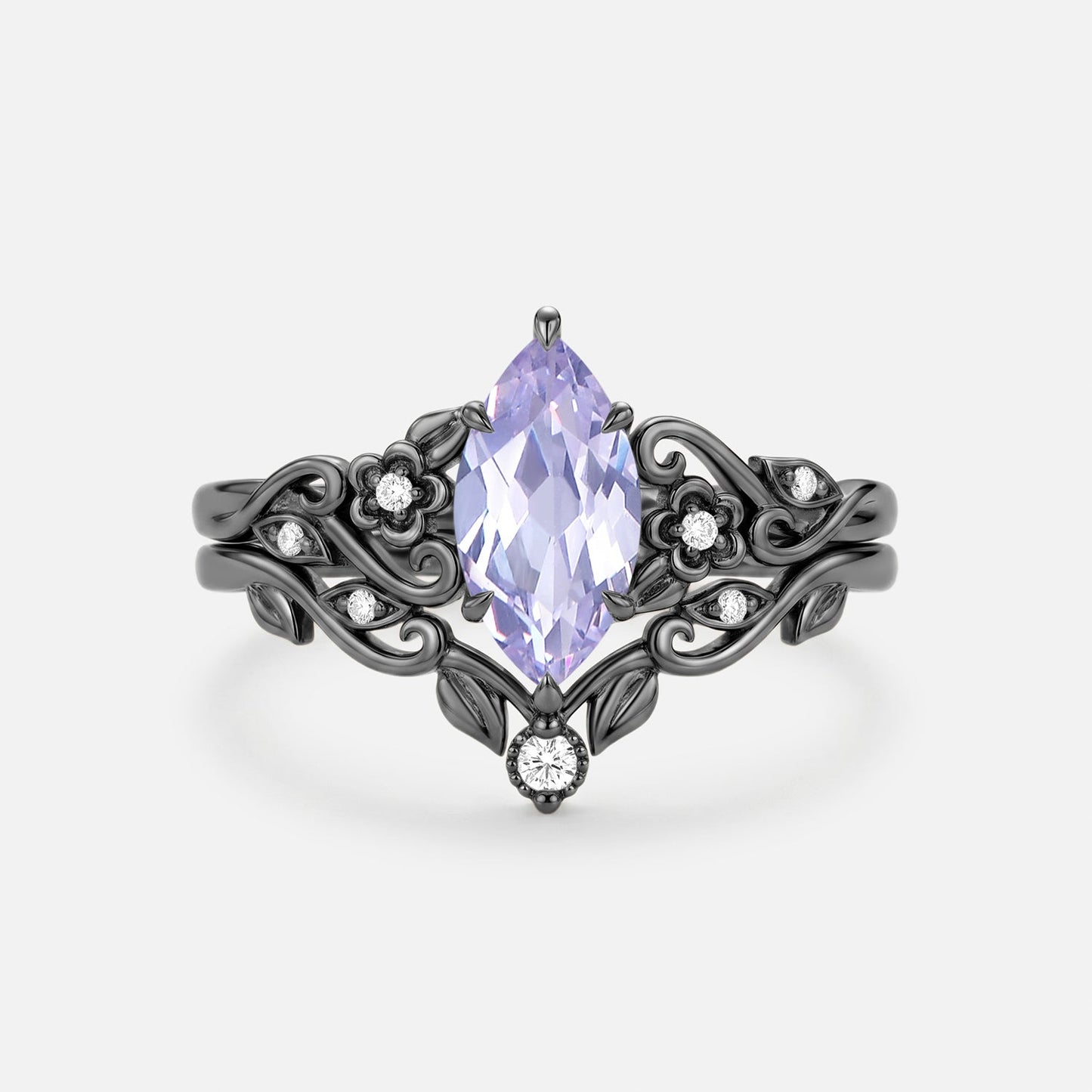 Marquise Flower Lab Lavender Sapphire Engagement Ring Sets 2pcs - Jessamine