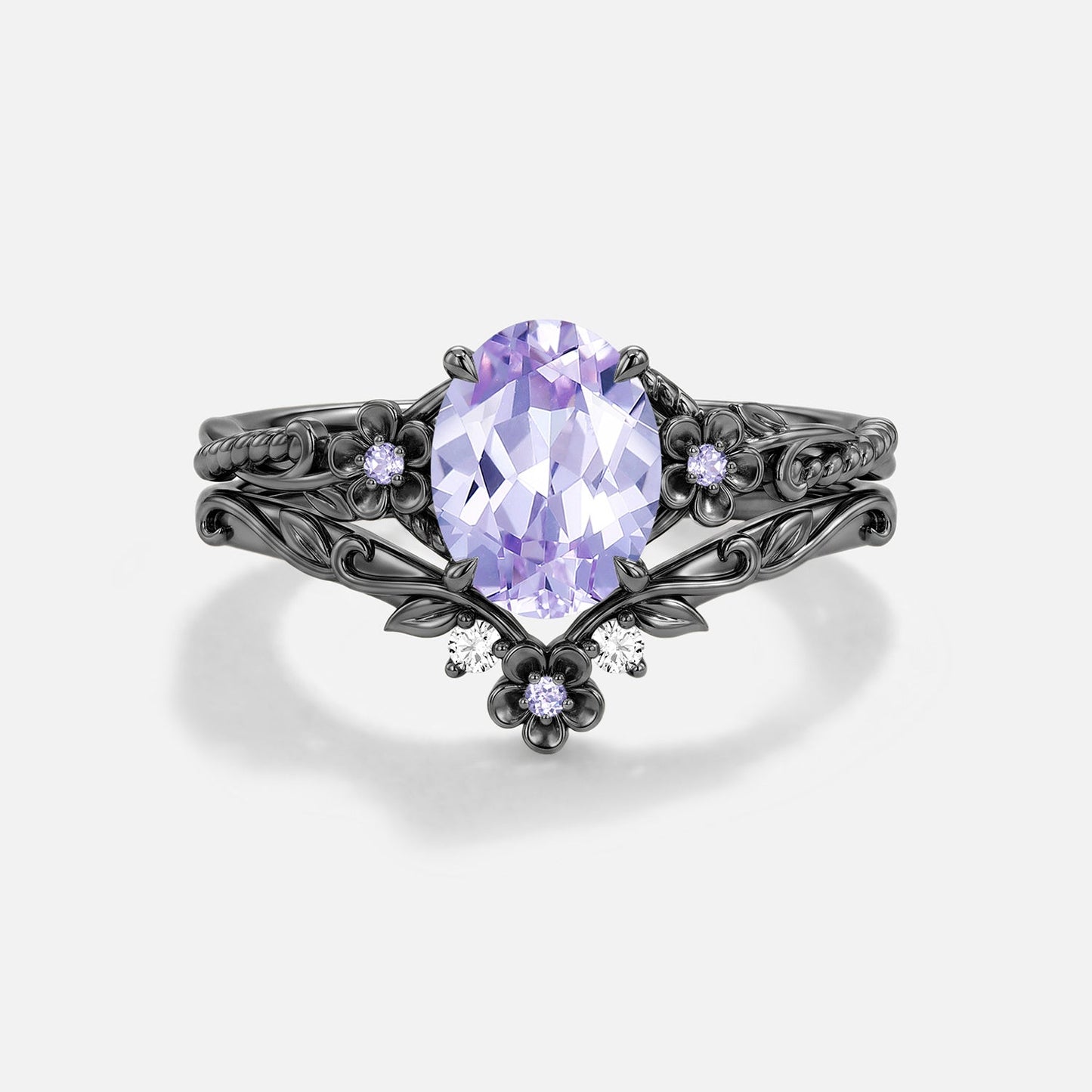 Oval Shaped Lab Lavender Sapphire Flower Engagement Ring Set 2pcs - Meridian