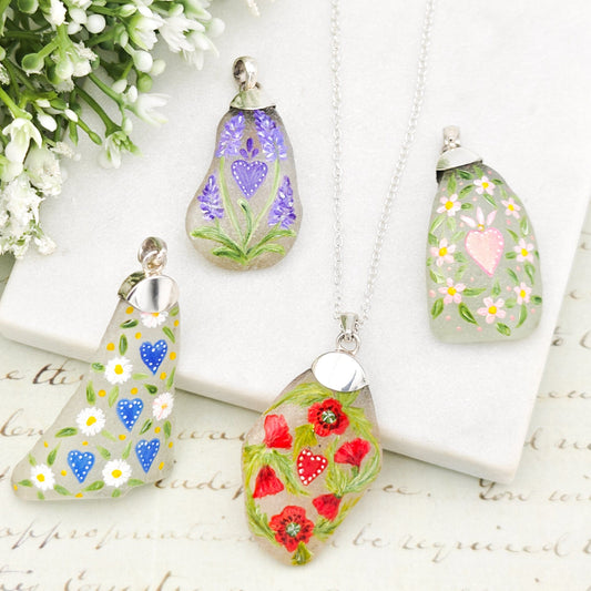Hand Painted Sea Glass Pendant | Hearts and Flowers | Sterling Silver