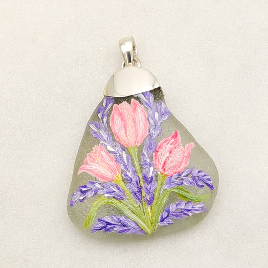 Hand Painted Sea Glass Pendant | Tulips | April Birth Flower | Sterling Silver