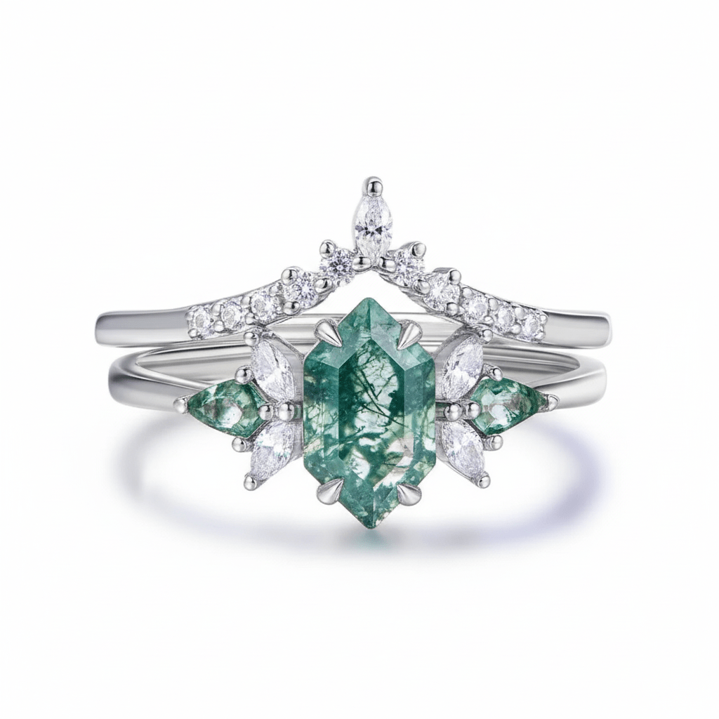 Hexagon Moss Agate & Leaf Accent Ring Set in 14k Rose Gold | Silver