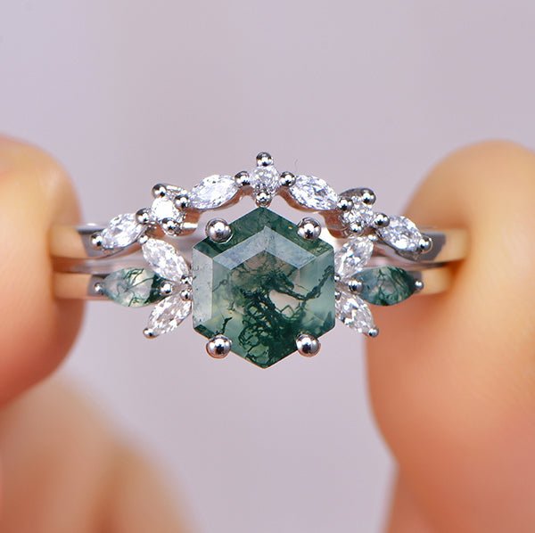Reserved for Matthew - Hexagon Natural Moss Agate Marquise Moissanite Bridal Set 14K Yellow Gold