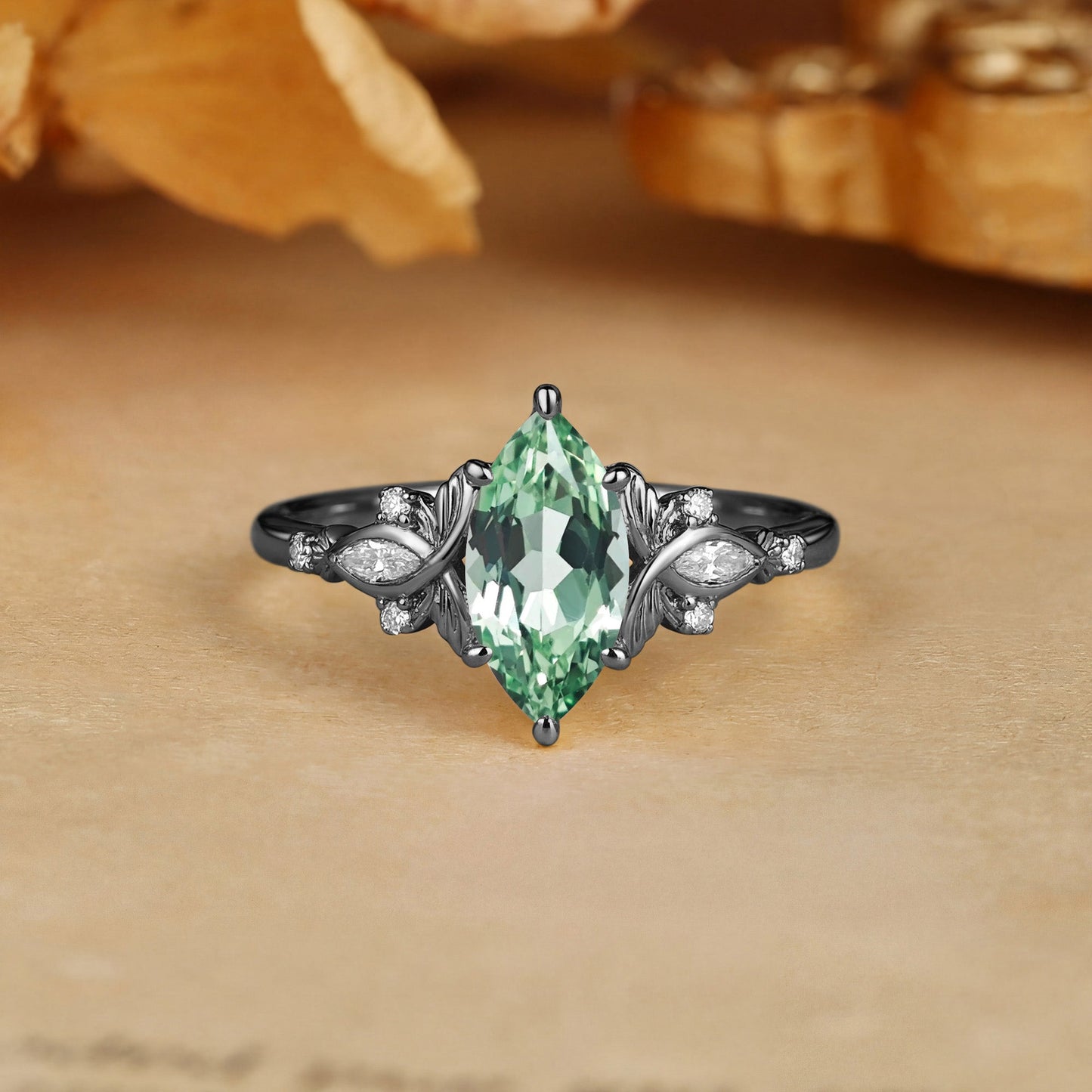 Forest Fairy Marquise Cut Green Sapphire Leafy Engagement Ring - Letitia