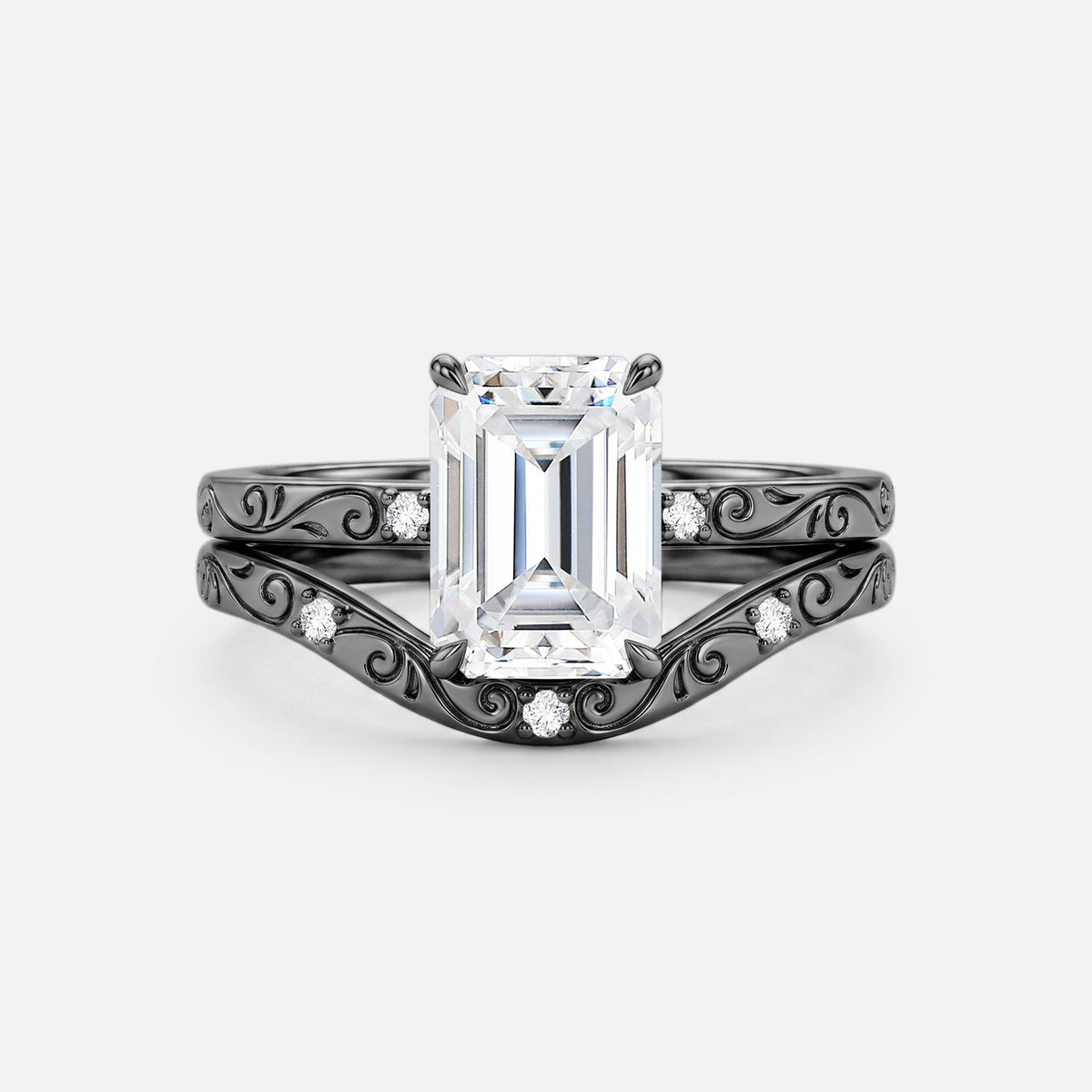 Emerald Cut Engraved Lab Grown Diamond Vintage Ring Set 2pcs - Lyric
