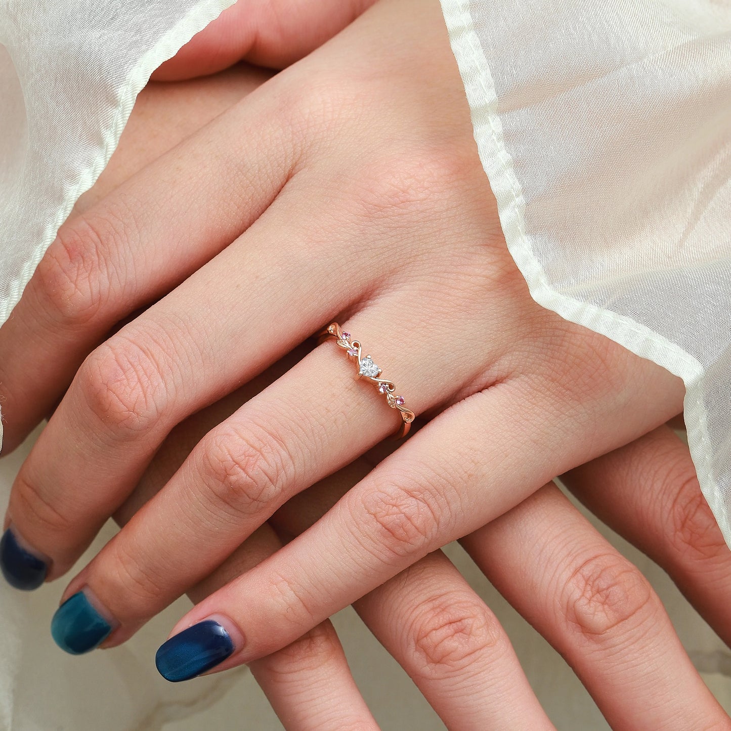Nature Inspired Heart & Leaf Natural Pink Sapphire Moissanite Curved Wedding Band - Amelia