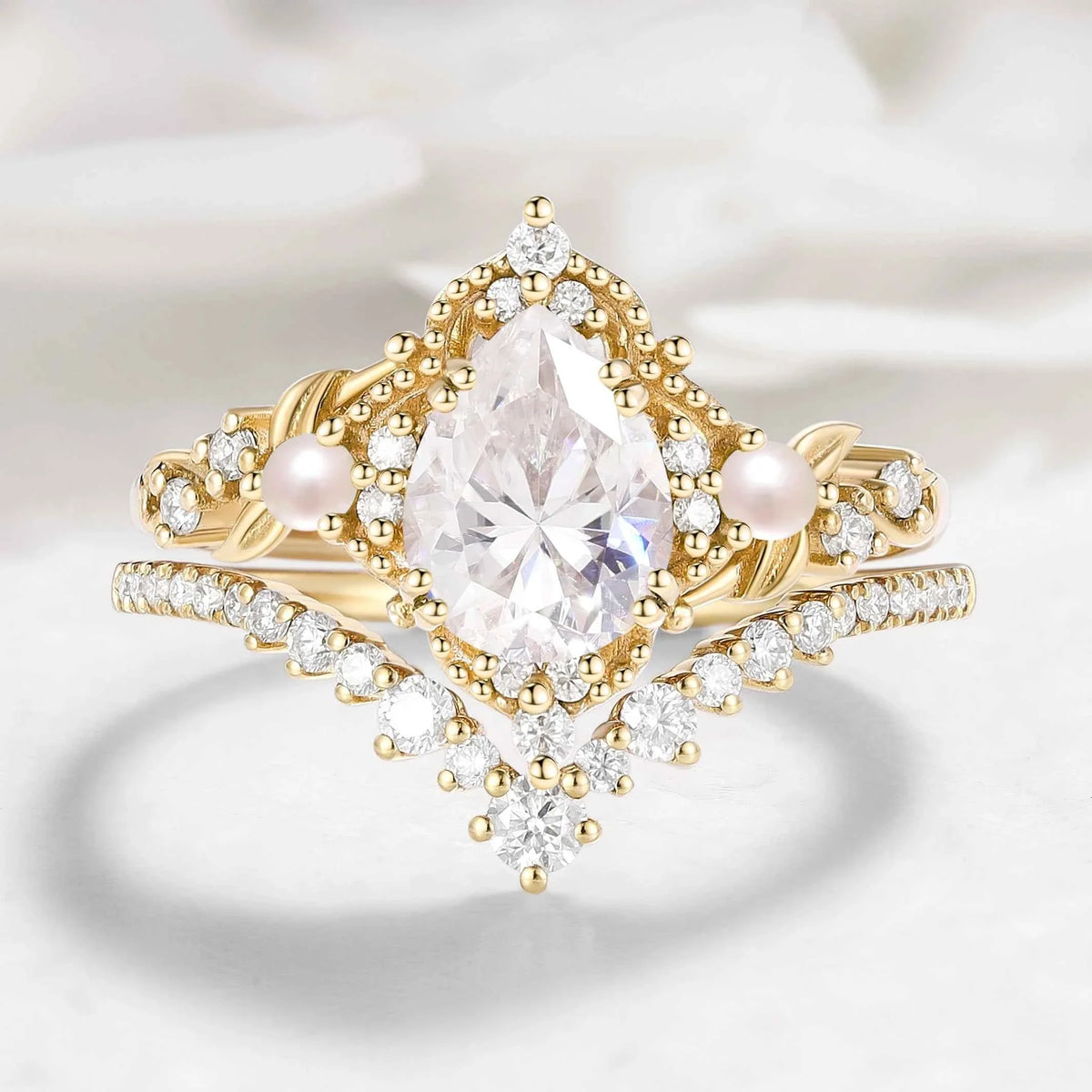 Nature Inspired Leaf Pear Cut Moissanite Engagement Ring With Pearl & Chevron Wedding Band Set Bridal Set