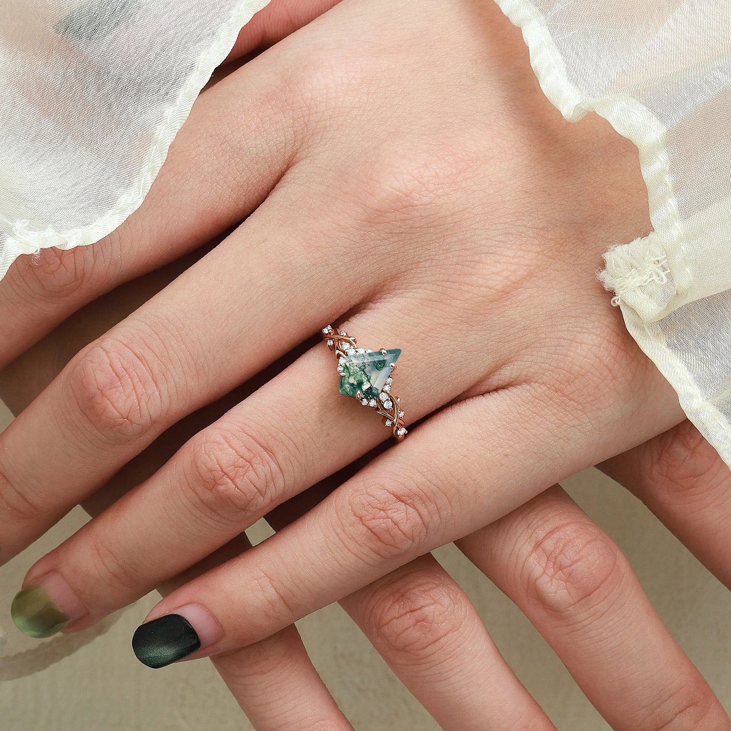 Nature Inspired Thorn Design Kite Cut Moss Agate Engagement Ring - Briar