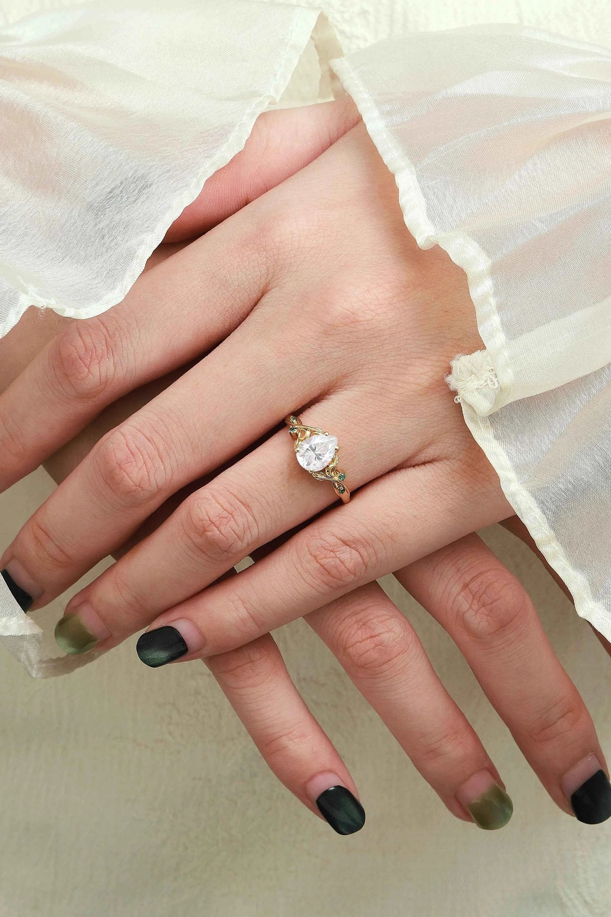 Nature Inspired Leaf and Moon Pear Cut Moissanite Engagement Ring - Eira