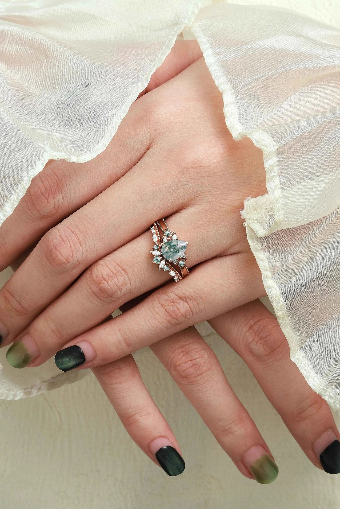 Vintage Beaded Pear Cut Moss Agate Engagement Ring Bridal Set