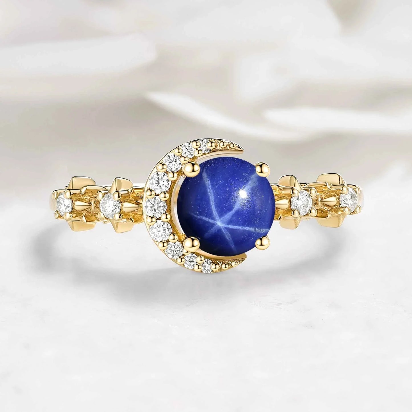 Star & Moon Inspired Custom Round Cut Lindy Star Sapphire Engagement Ring - Aurora