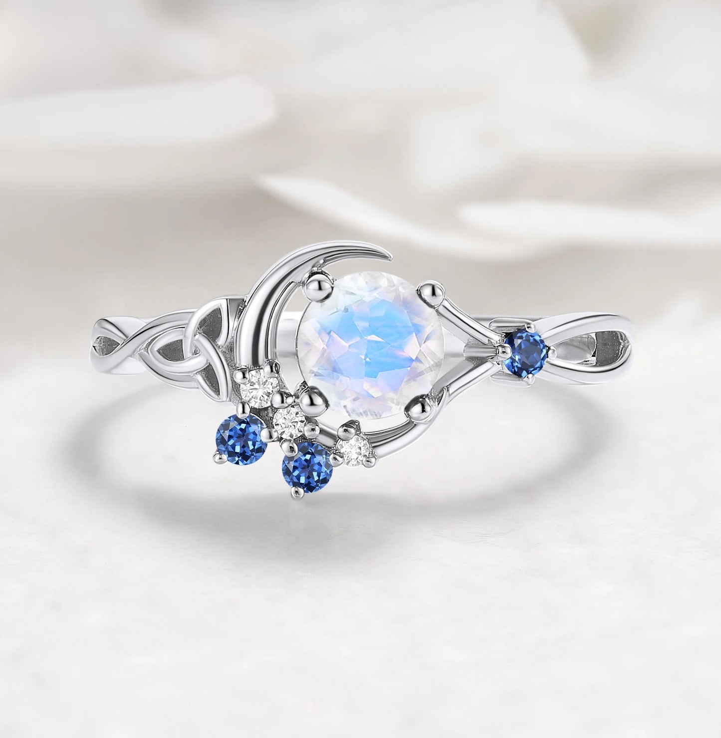 Celtic Knot Design Moonstone Round Cut Engagement Ring