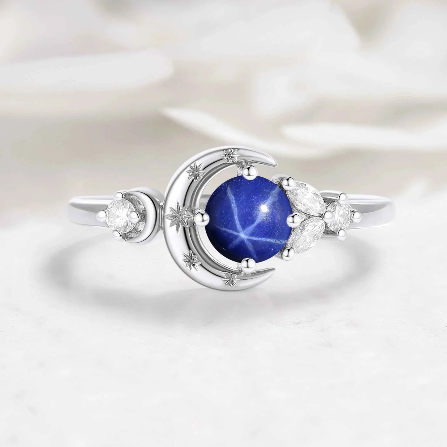 Star & Moon Inspired Engraved Lindy Star Sapphire Round Cut Engagement Ring - Celeste