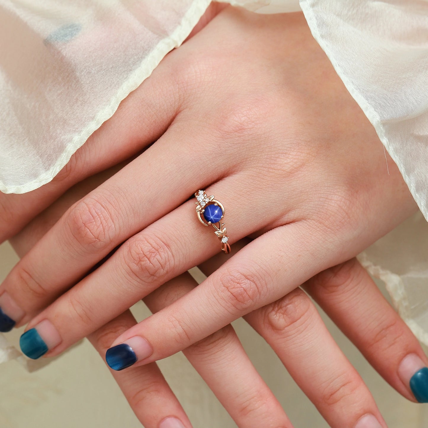 Nature Inspired Crescent Moon Round Star Sapphire Leaf Engagement Ring - Lunelle