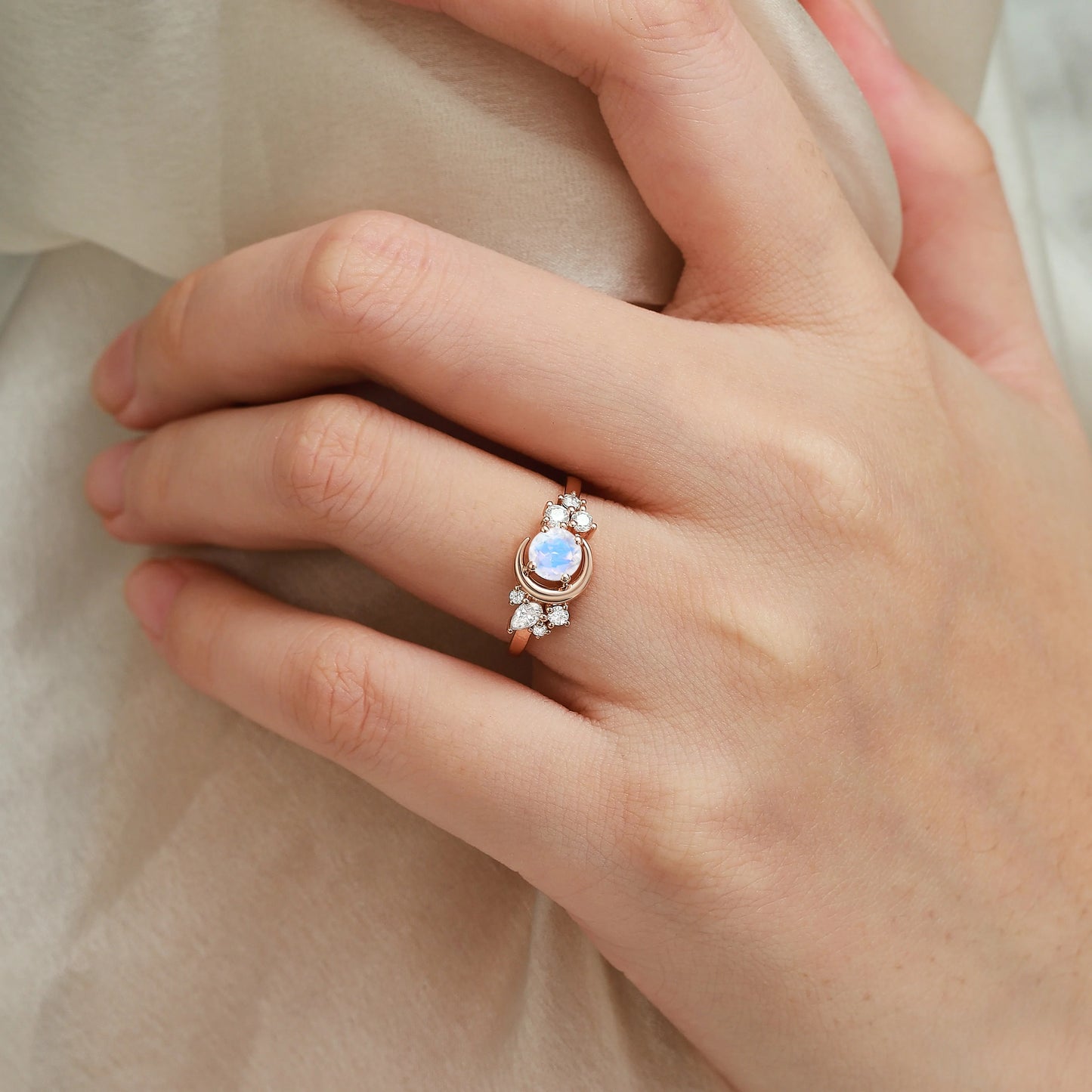 Moon Design Moonstone Round Cut Engagement Ring