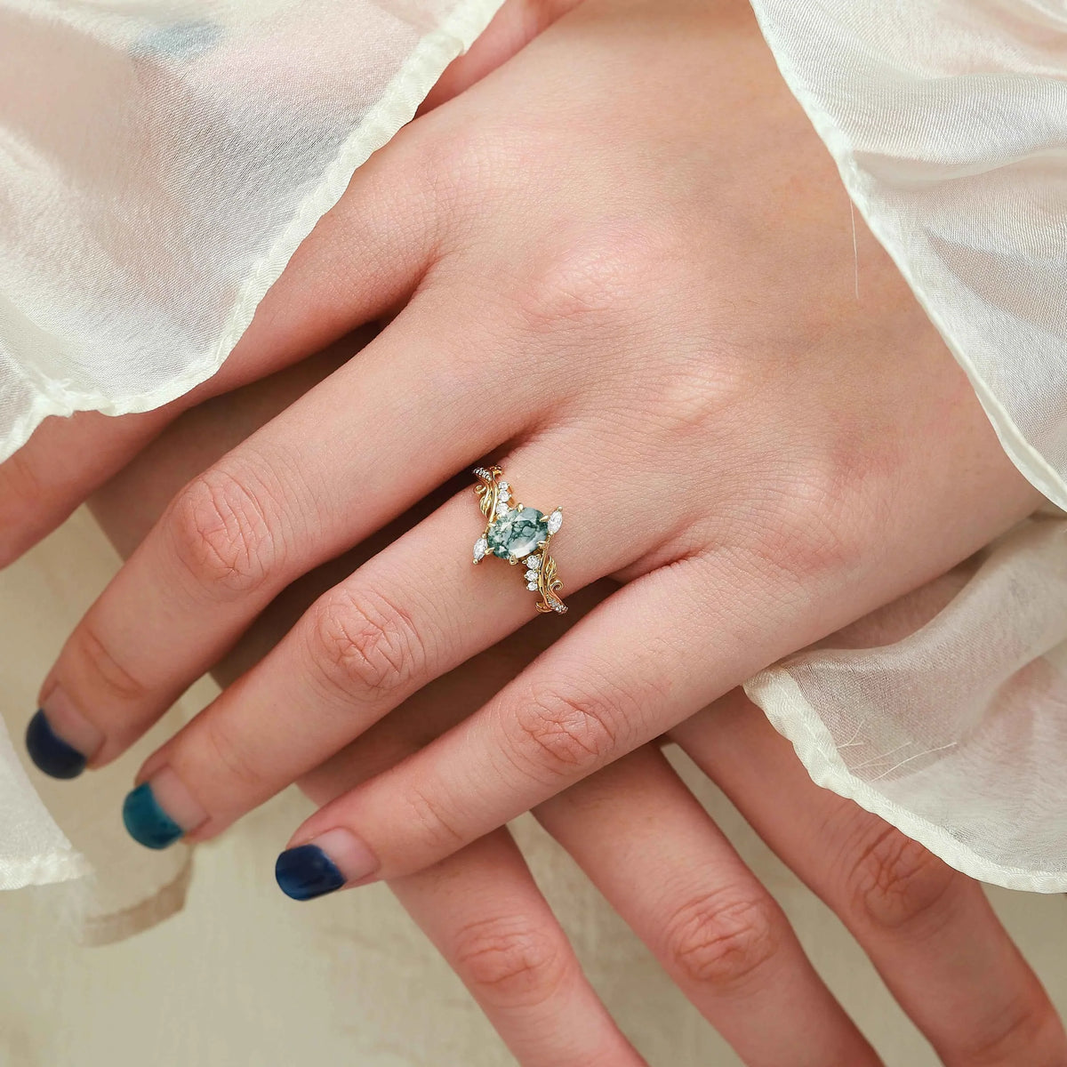 Nature-Inspired Leaf Oval Cut Moss Agate Engagement Ring - Thalina