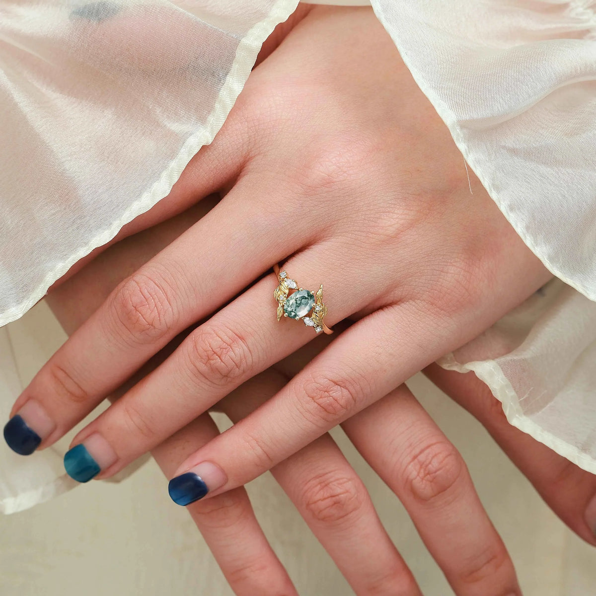 Nature-Inspired Leaf Custom Oval Cut Moss Agate Engagement Ring - Elaris