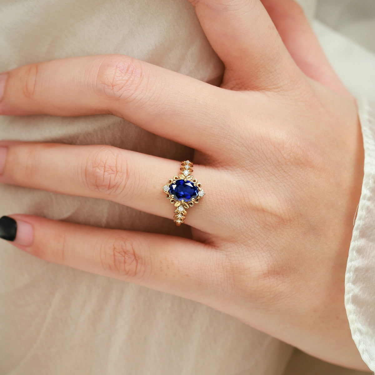 Vintage Leaf Oval Royal Blue Sapphire Engagement Ring - Isolde
