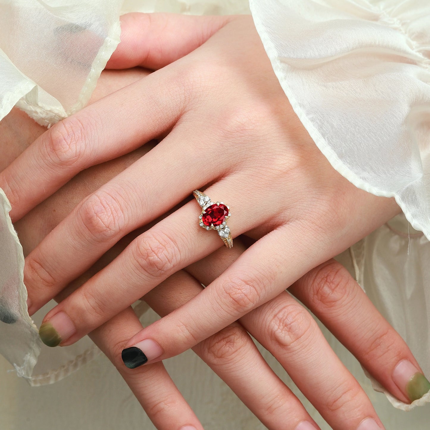 Vintage Two-Tone Oval Cut Ruby Engagement Ring - Beatrice