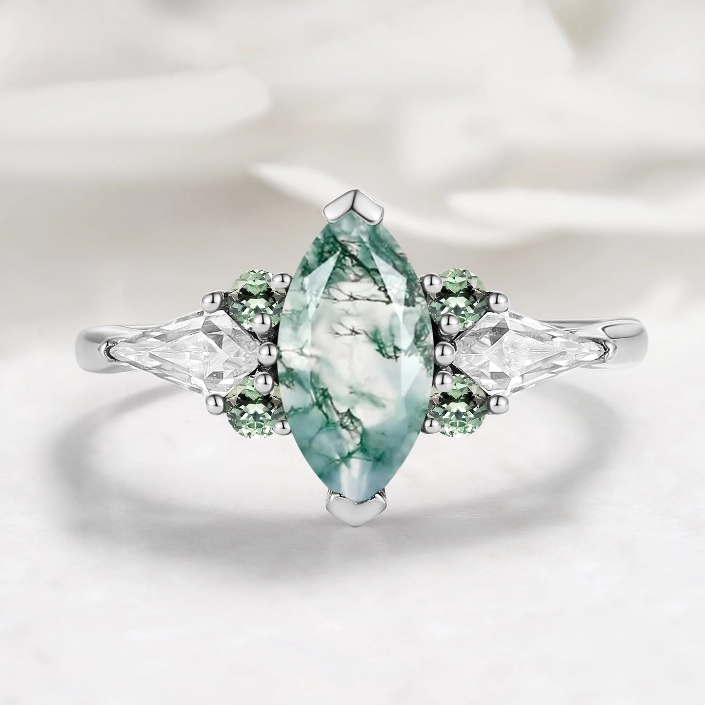 Marquise Cut Moss Agate Engagement Ring with Sapphire Moissanite Accents