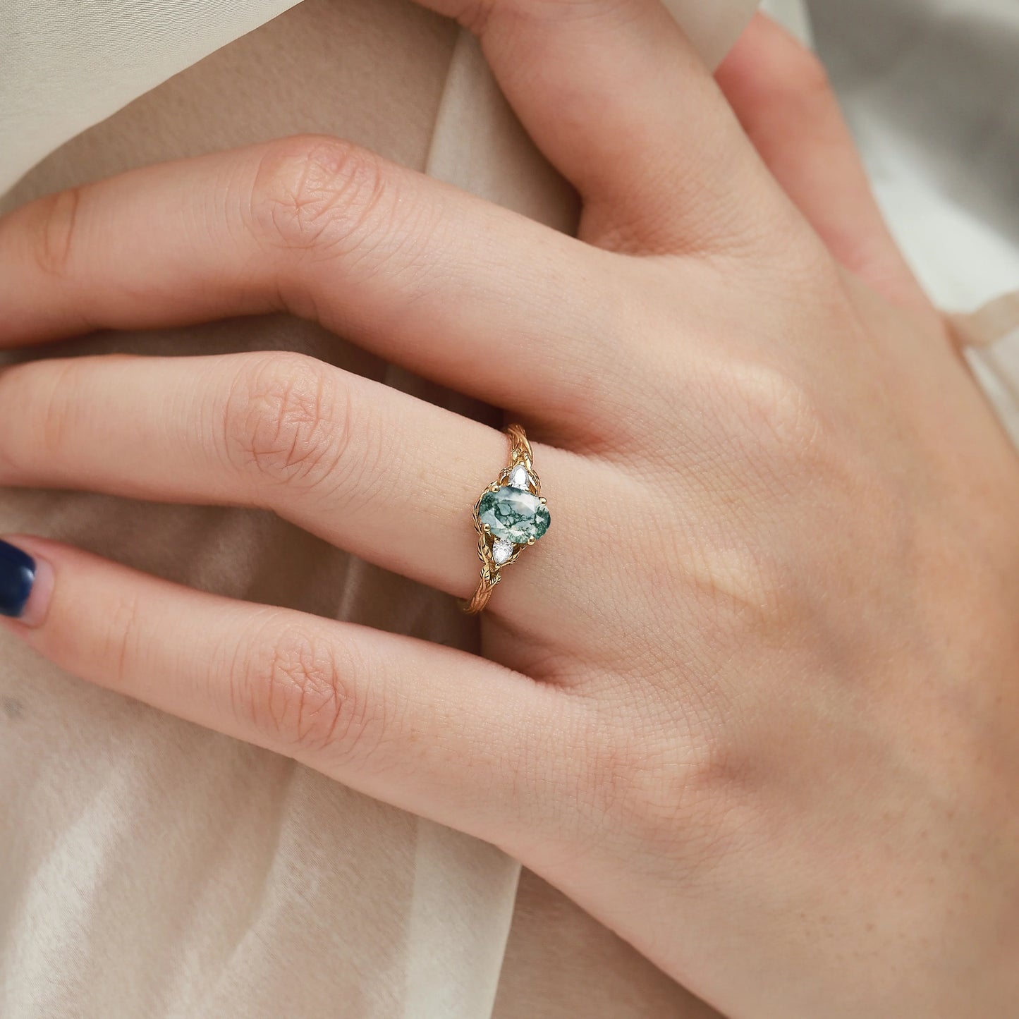 Leaf-Inspired Oval Cut Moss Agate Three-Stone Engagement Ring