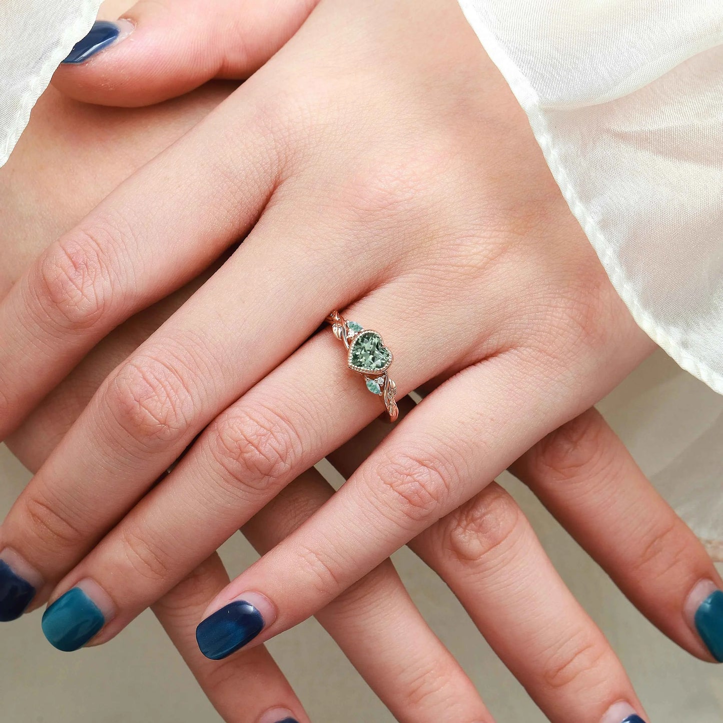 Nature-Inspired Leaf Heart-Cut Green Sapphire Bezel Engagement Ring & Moss Agate Accent - Isabellas