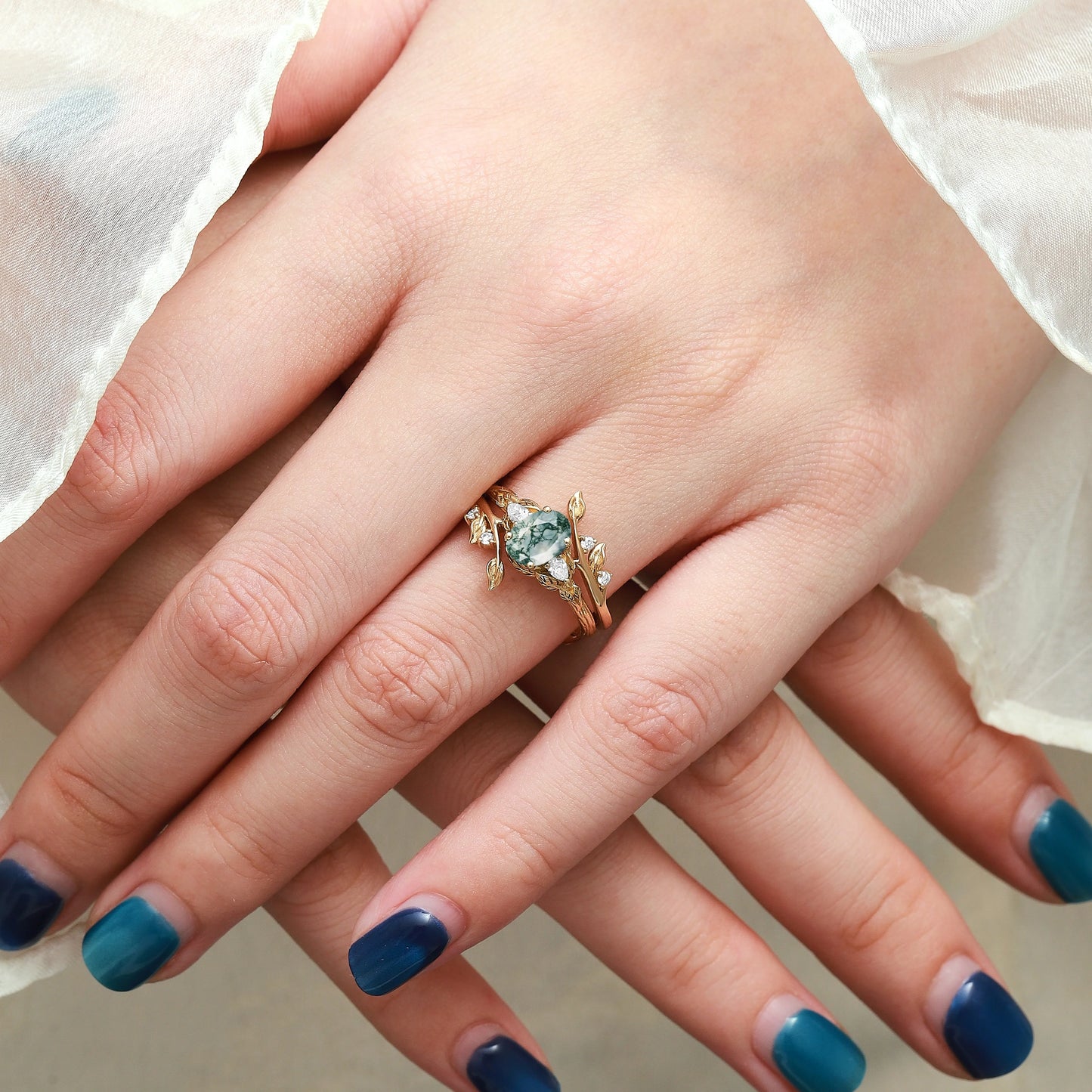 Leaf-Inspired Oval Cut Moss Agate Engagement Ring With Enhancer Ring Bridal Set