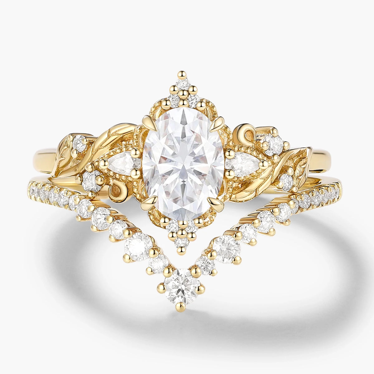 Oval Cut Moissanite Leaf Engagement Ring Set 2pcs