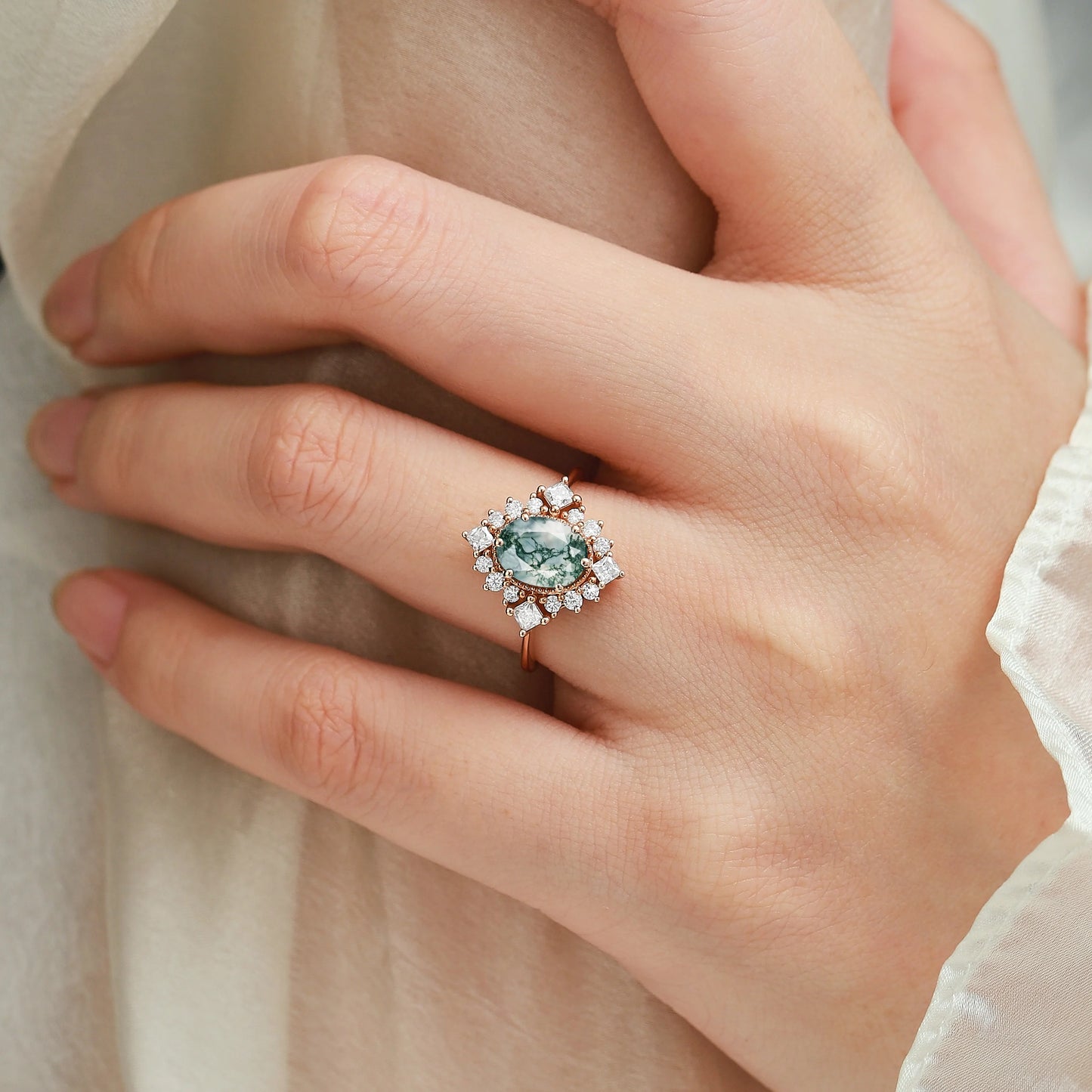 Halo Oval Cut Moss Agate Engagement Ring