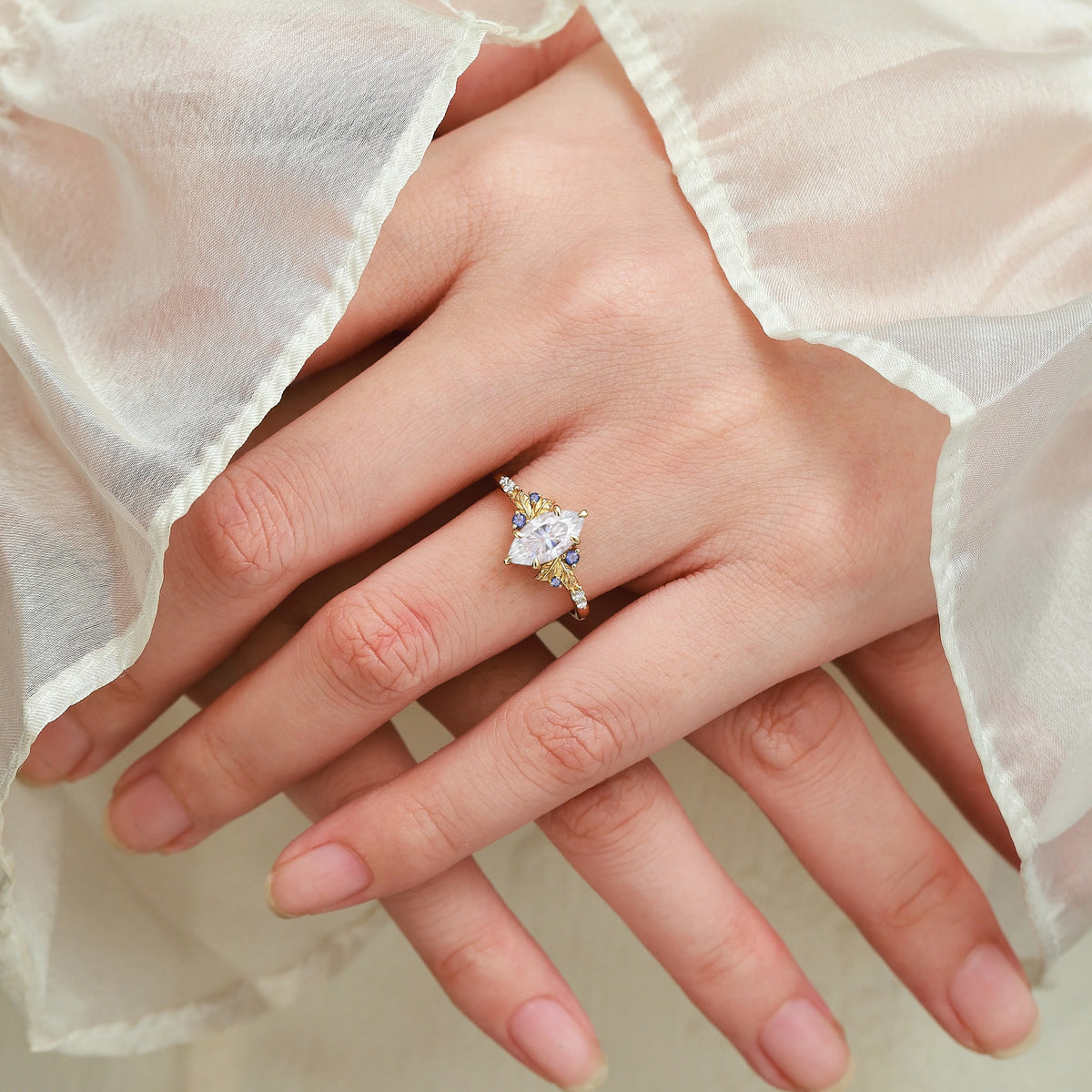 Leaf Design Marquise Moissanite Engagement Ring