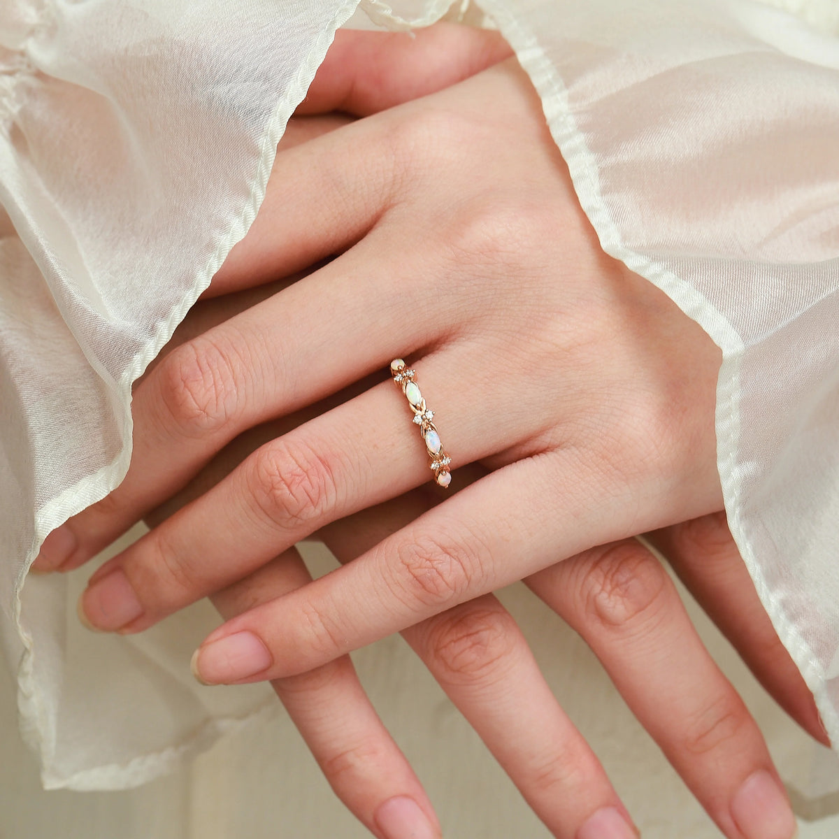 Half Eternity Opal and Moissanite Wedding Band