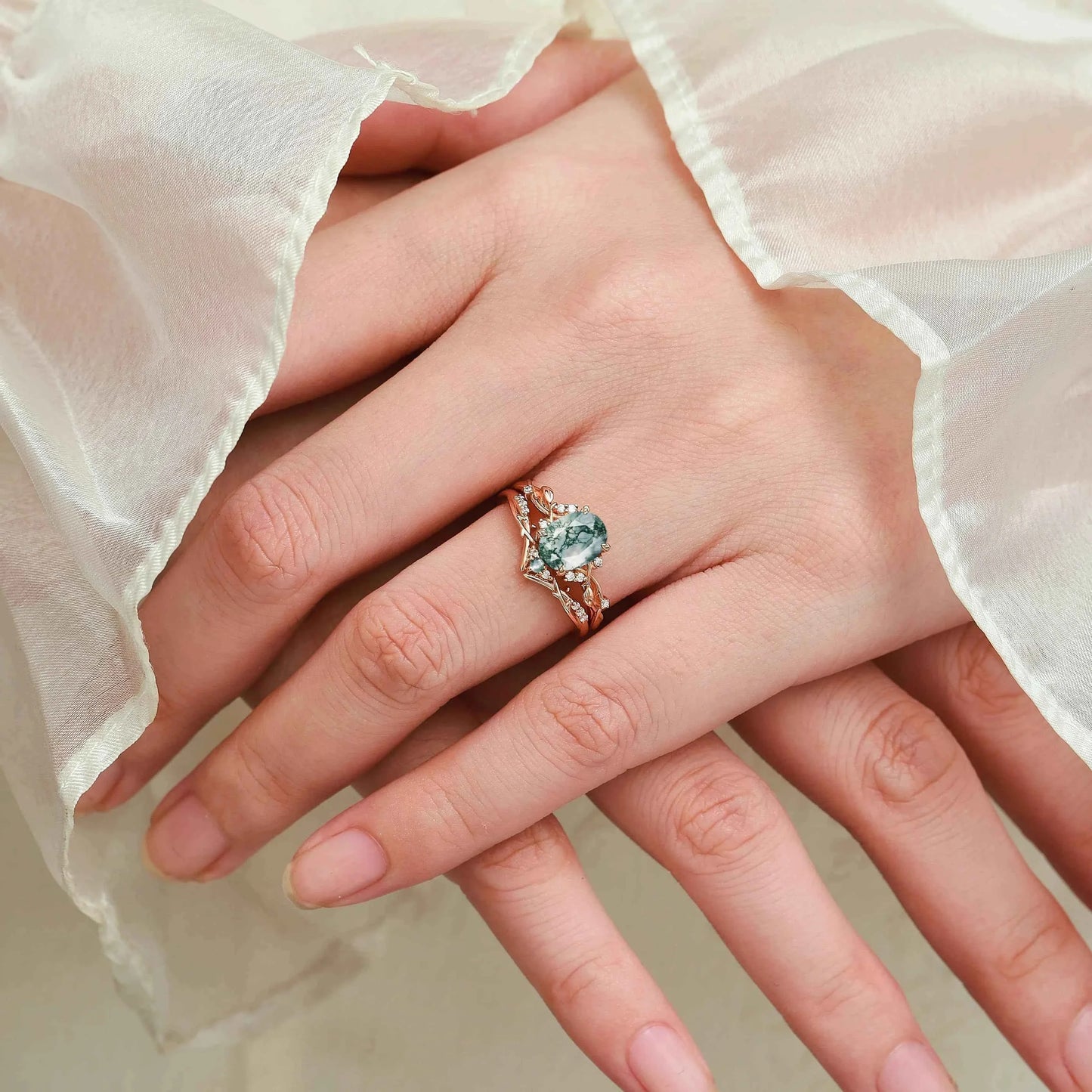 Nature-Inspired Leaf Oval Cut Moss Agate Engagement Ring 2pcs