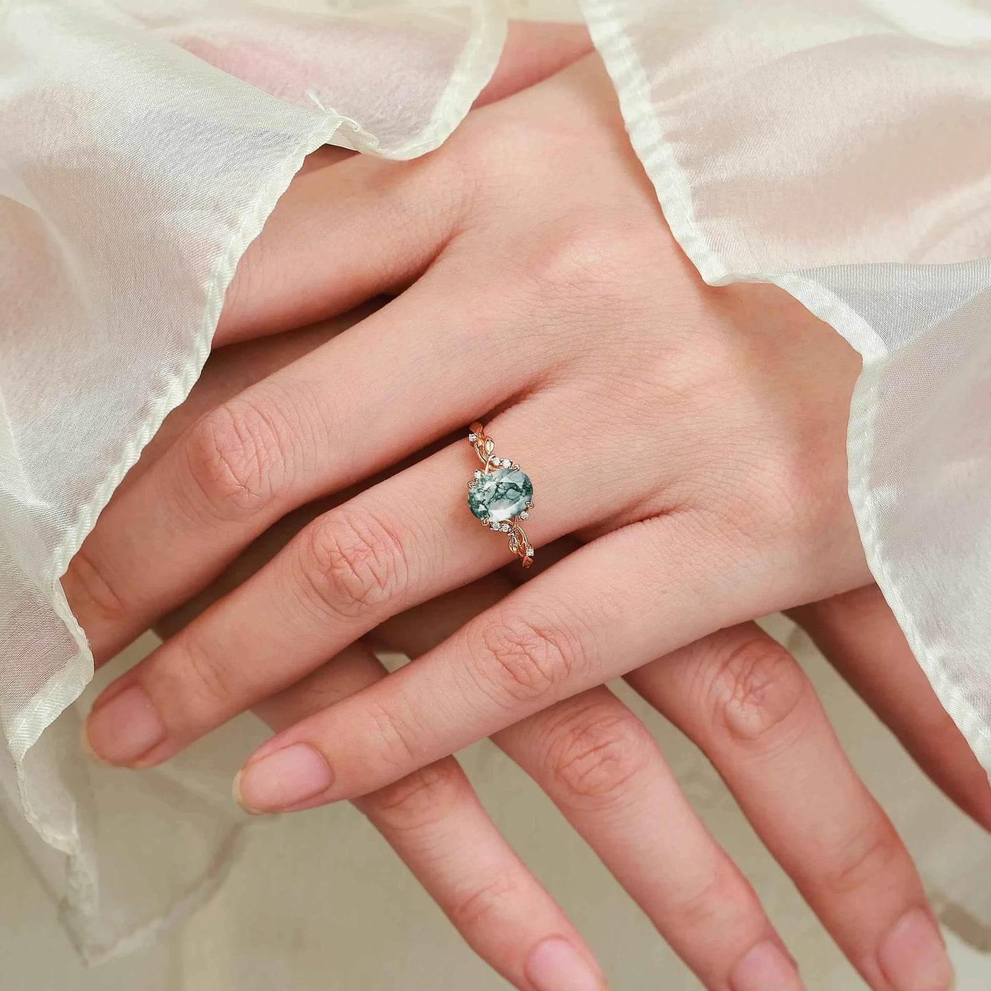 Nature-Inspired Leaf Oval Cut Moss Agate Engagement Ring