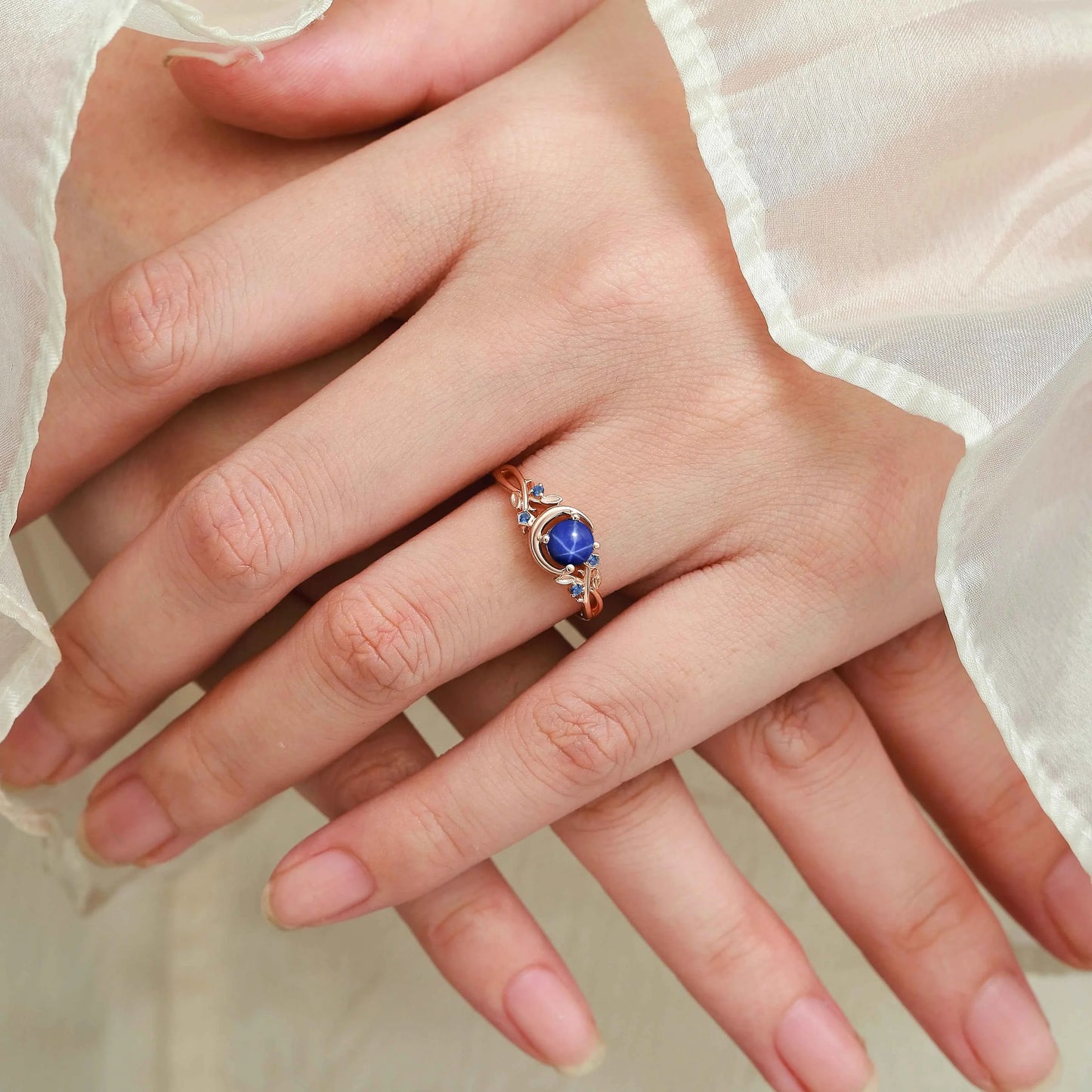 Nature Inspired Star & Moon Round Cut Star Sapphire Engagement Ring - Astra