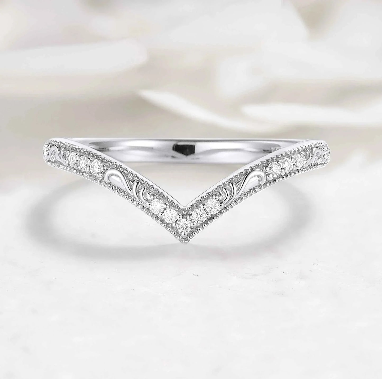Milgrain Beaded Edge V-Shaped Moissanite Wedding Band