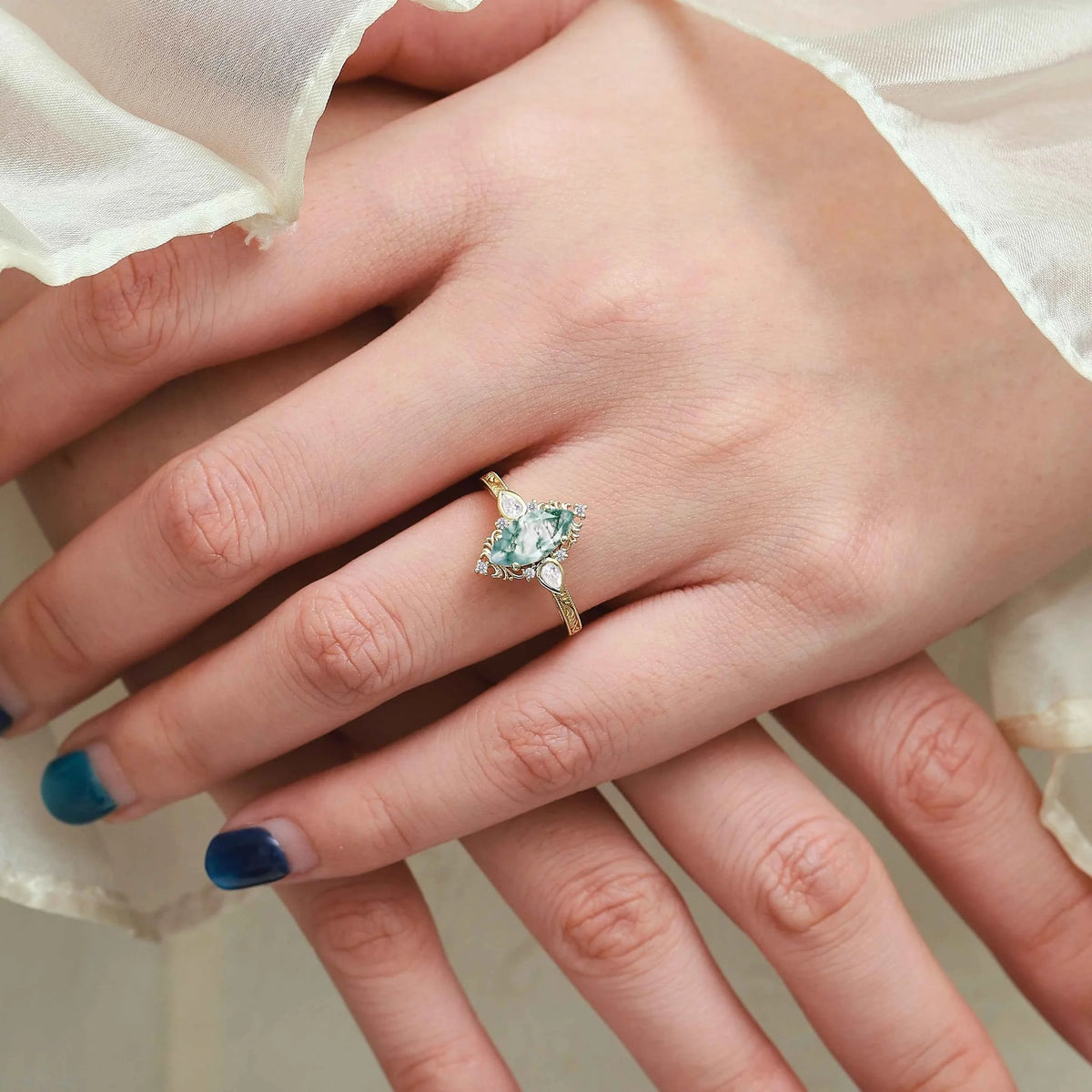 Romantic Nature-Inspired Marquise Moss Agate Engagement Ring