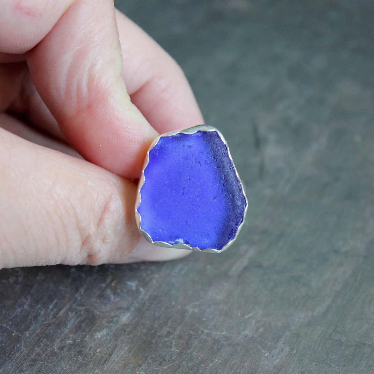Huge Cobalt Blue Sea Glass Ring | Handmade | Sterling Silver | Size 11 ½