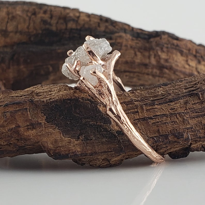 Raw Diamond Twig Engagement Ring - Handcrafted Solid Gold Nature-Inspired