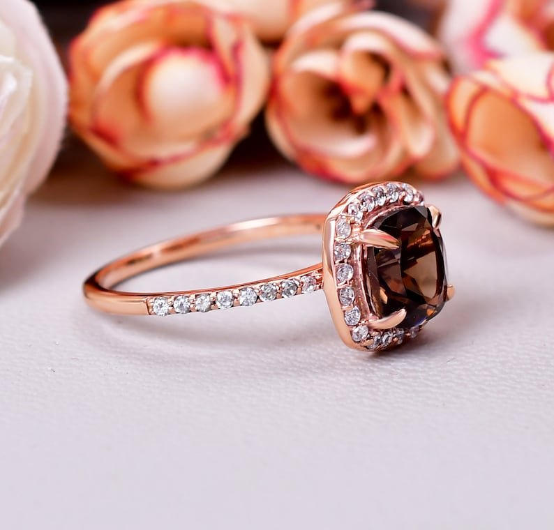 Natural Smokey Quartz Cluster Daimond Ring gift for her