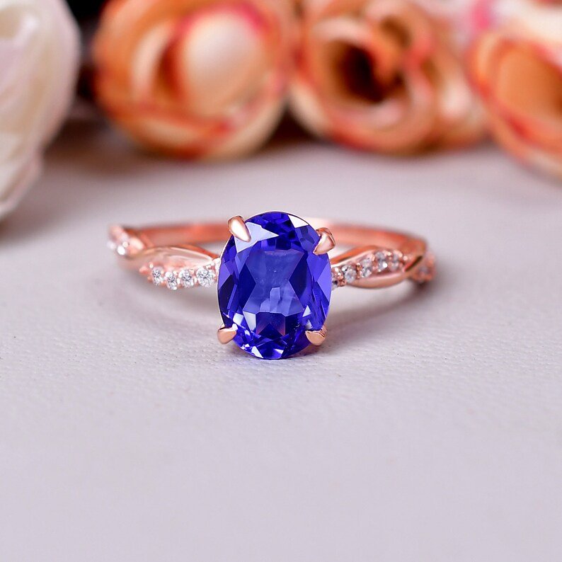 Oval Tanzanite Engagement Ring Violet Gemstone Twist Ring