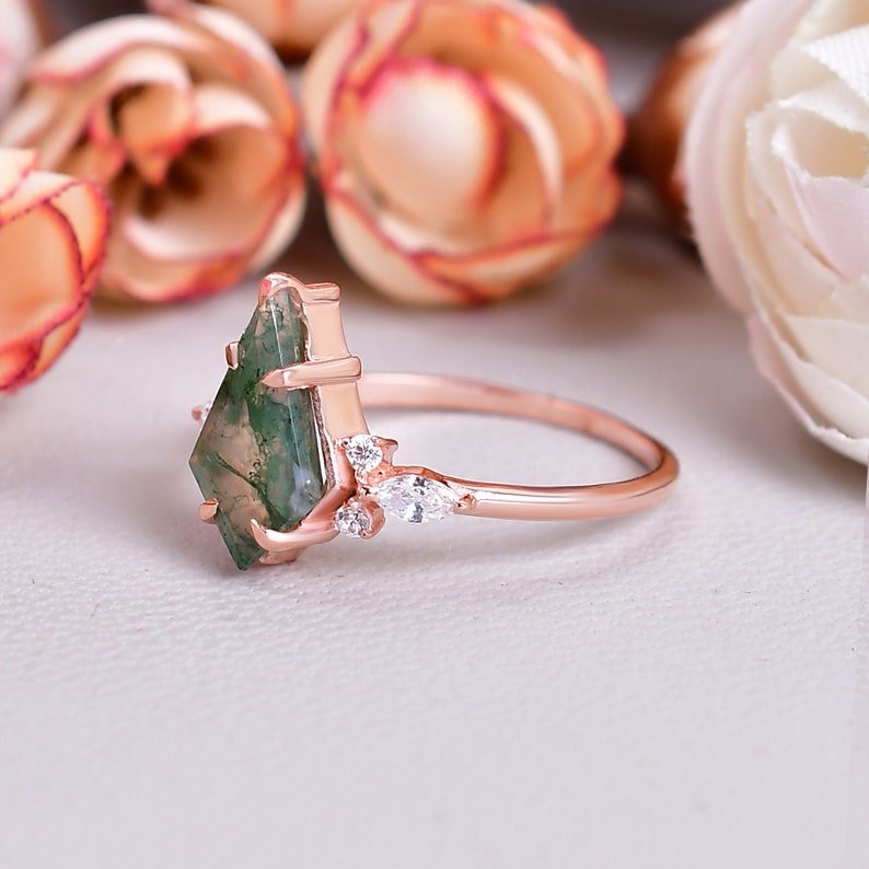 Natural Moss Agate Kite Shape Engagement Ring