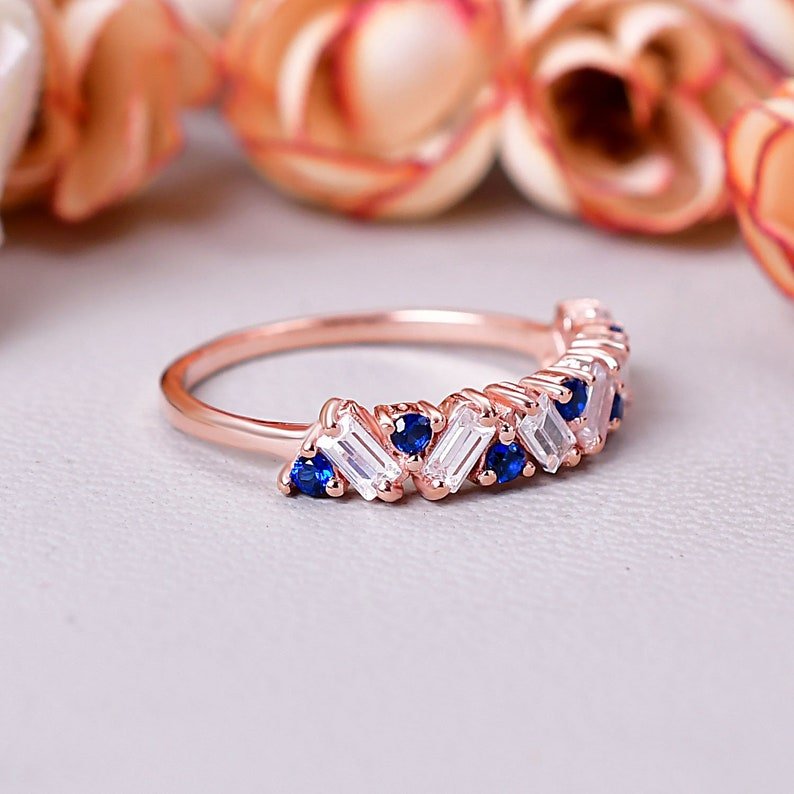 Vintage Baguette Cut Moissanite & Blue Sapphire Wedding Ring