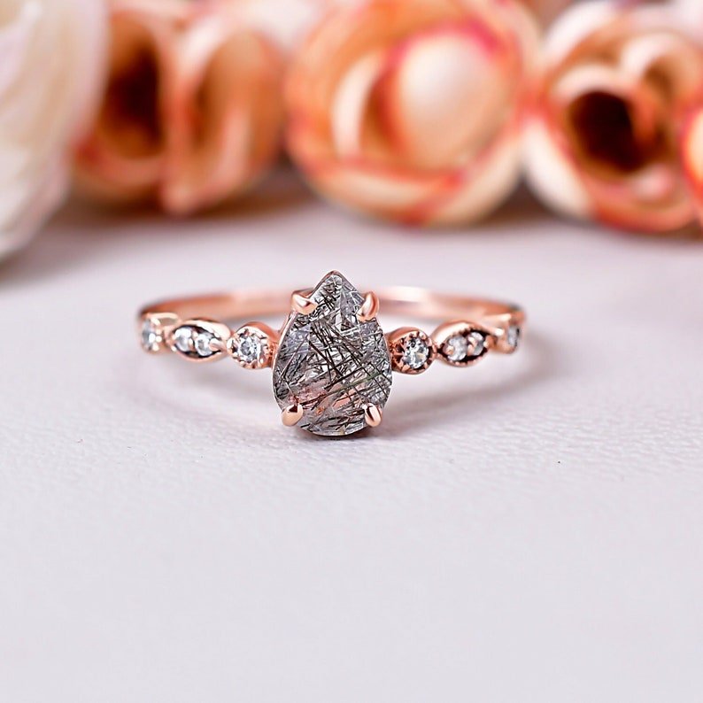 Black Rutilated Quartz & Vintage Moissanite Engagement Ring